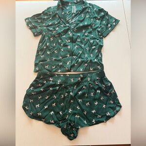 Anthropologie Green Satin Pajama Set with Dog Pattern